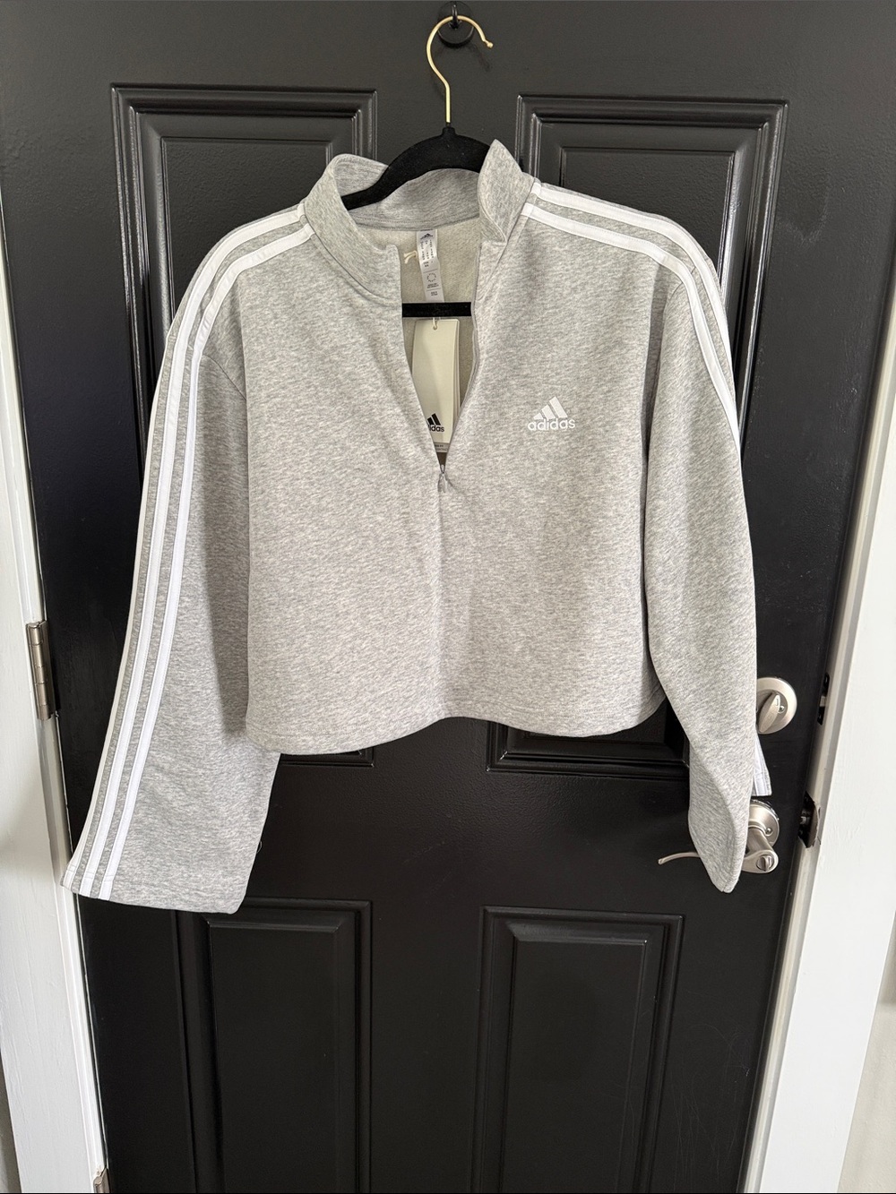 adidas Light Gray Cropped 3-Stripe Quarter Zip Pullover